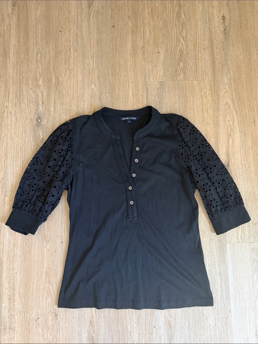 Veronica Beard Black Eyelet-Sleeve Henley Top M